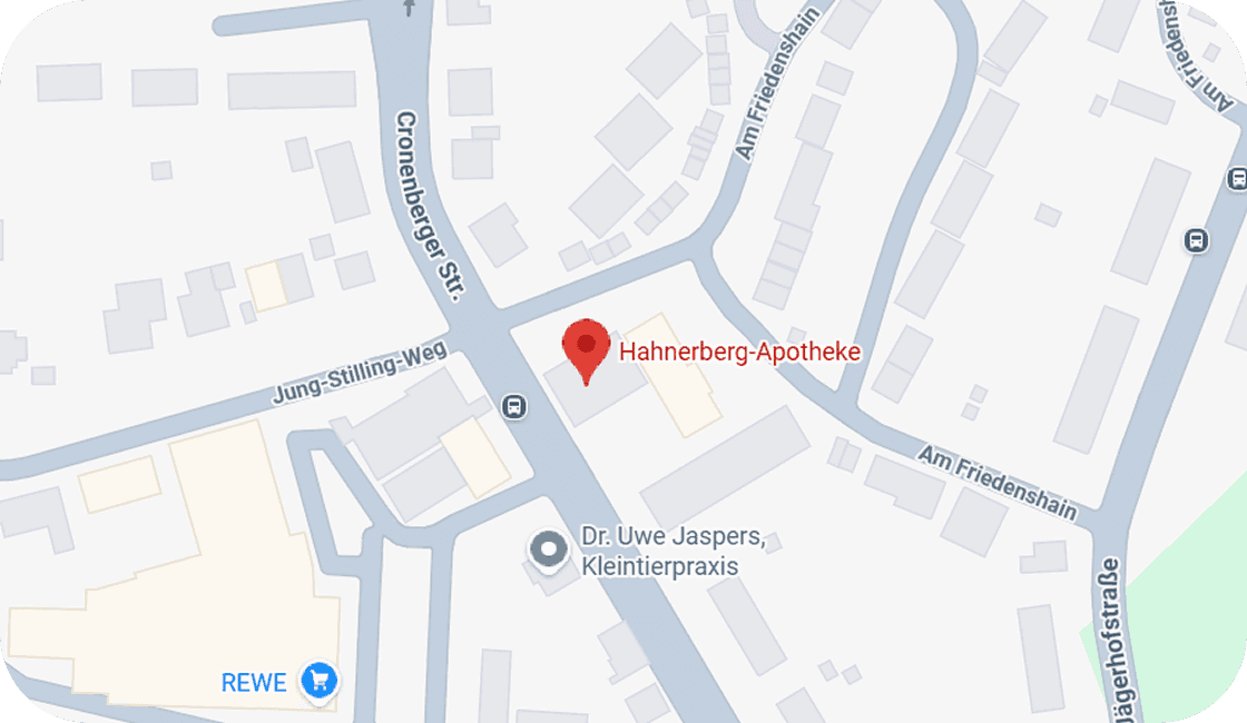 Umgebungskarte der Hahnerberg-Apotheke an der Cronenberger Straße, nahe dem REWE-Markt.
